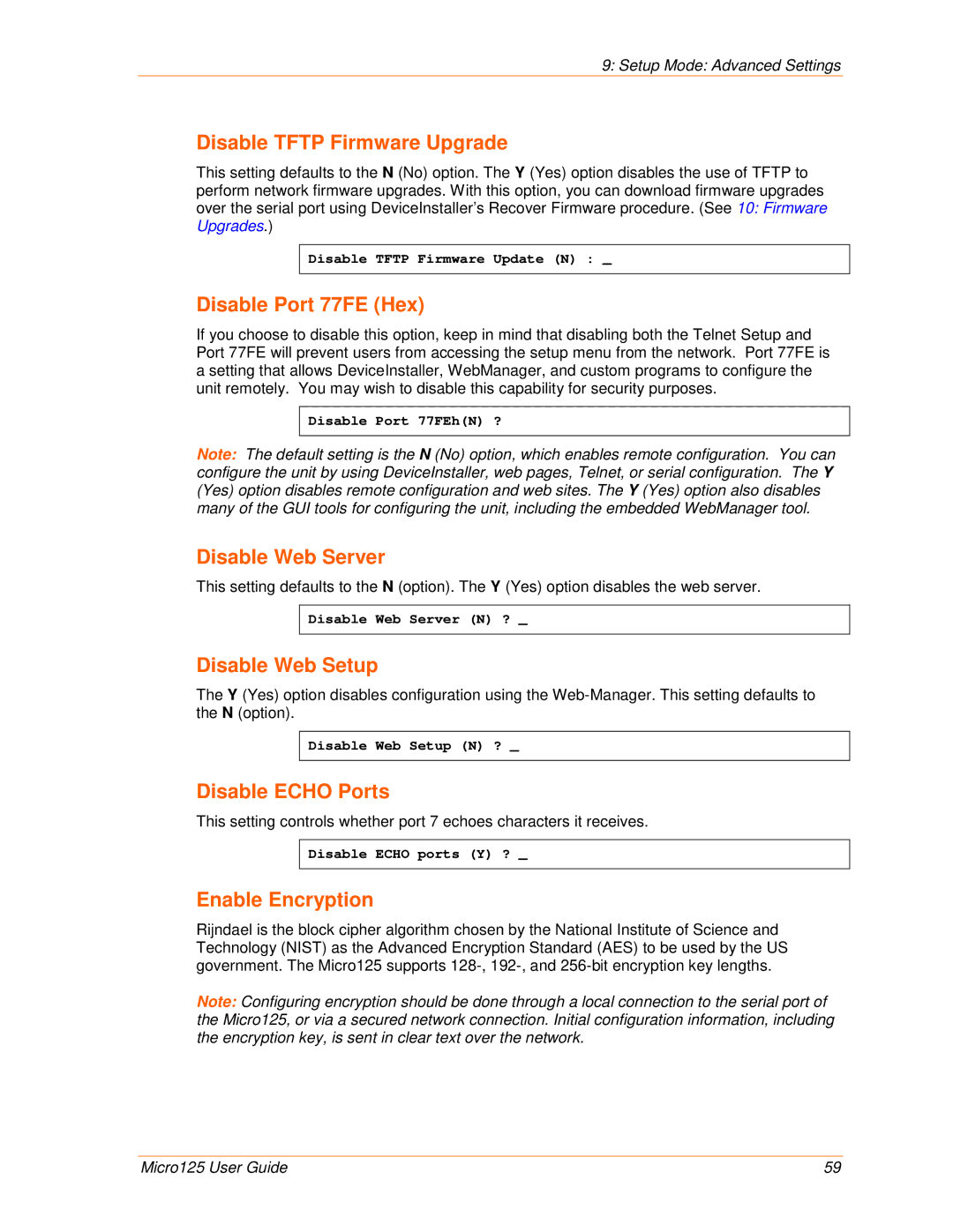 Lantronix 900-588 manual Disable Tftp Firmware Upgrade, Disable Port 77FE Hex, Disable Web Server, Disable Web Setup 