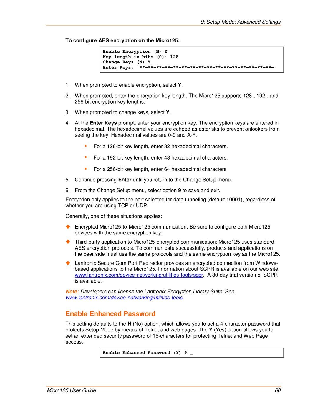 Lantronix 900-588 manual Enable Enhanced Password, To configure AES encryption on the Micro125 