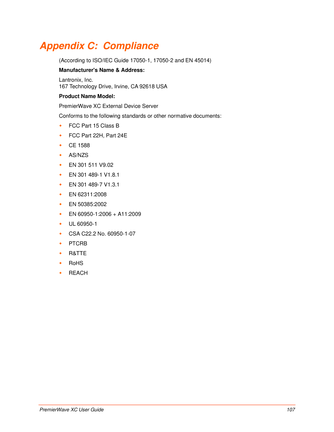 Lantronix 900-598 manual Appendix C Compliance, Product Name Model 