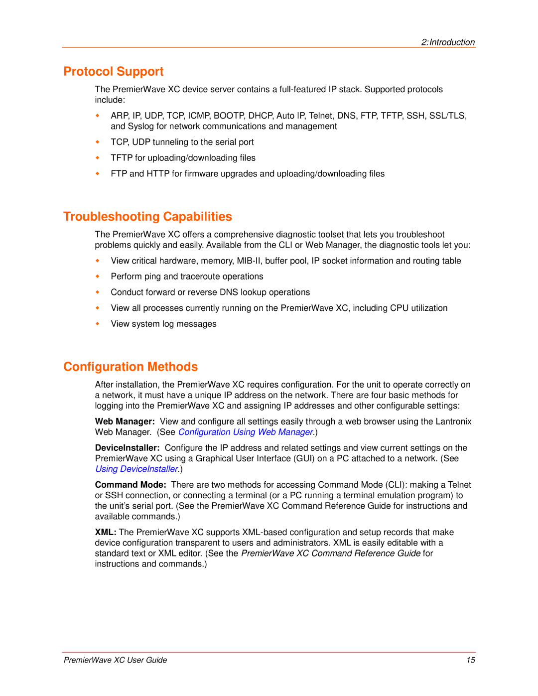 Lantronix 900-598 manual Protocol Support, Troubleshooting Capabilities, Configuration Methods 