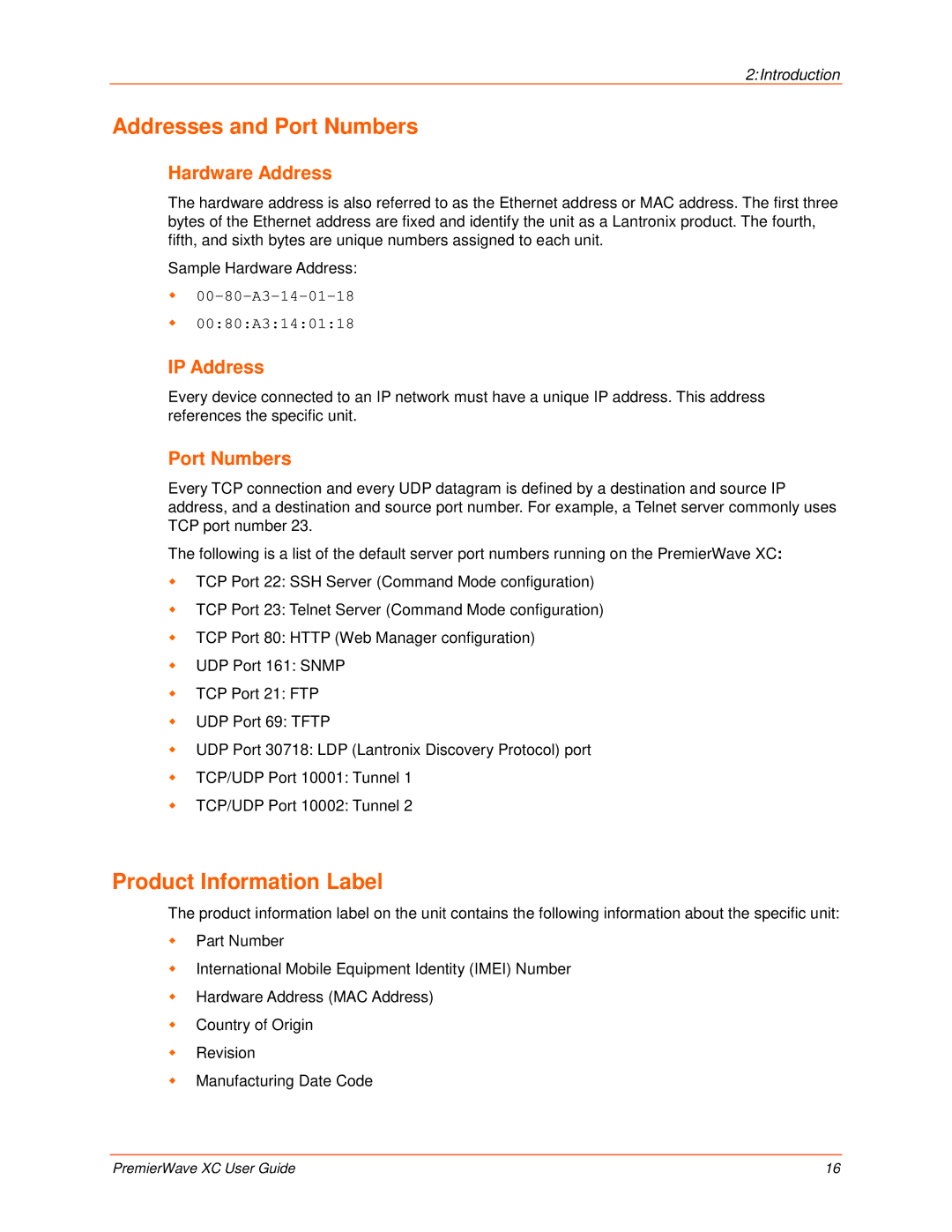 Lantronix 900-598 manual Addresses and Port Numbers, Product Information Label, Hardware Address, IP Address 