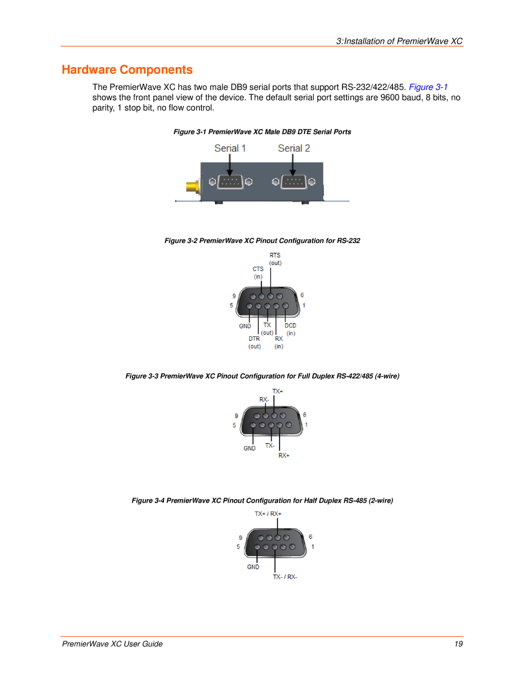 Lantronix 900-598 manual Hardware Components, PremierWave XC Male DB9 DTE Serial Ports 