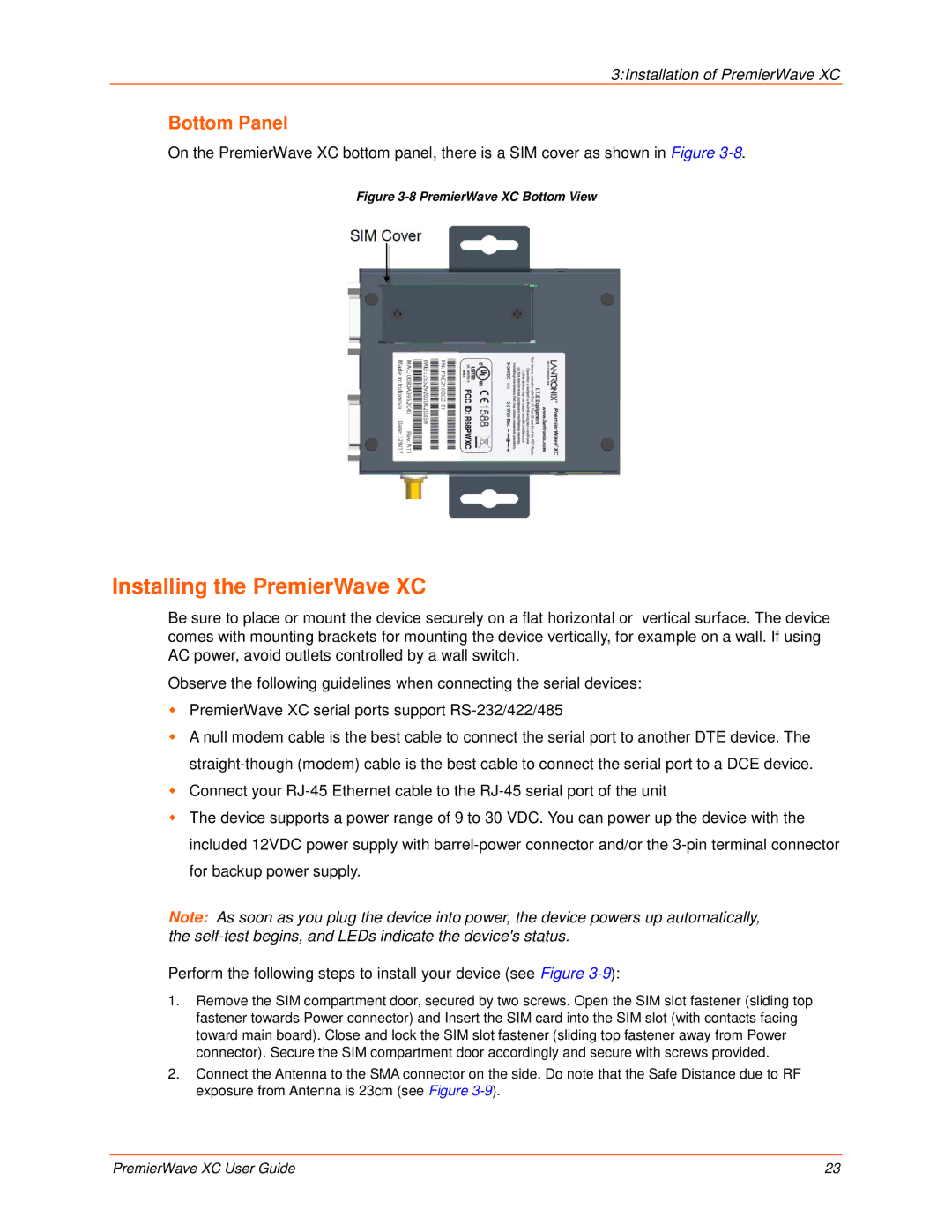 Lantronix 900-598 manual Installing the PremierWave XC, Bottom Panel 