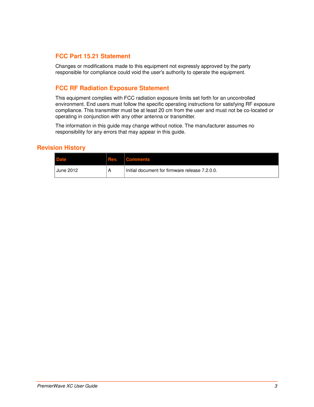 Lantronix 900-598 manual FCC Part 15.21 Statement, FCC RF Radiation Exposure Statement, Revision History 