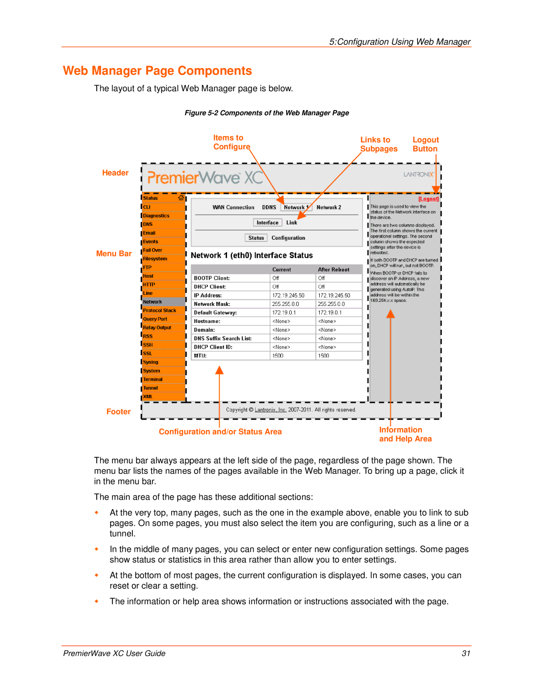 Lantronix 900-598 manual Web Manager Page Components, Layout of a typical Web Manager page is below 