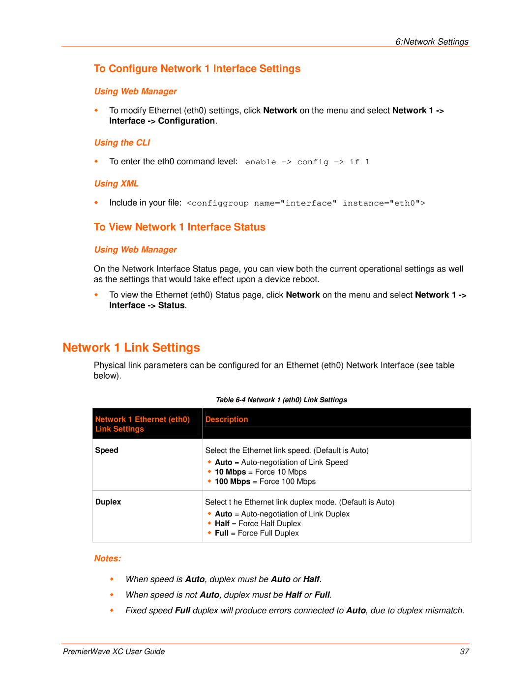 Lantronix 900-598 Network 1 Link Settings, To Configure Network 1 Interface Settings, To View Network 1 Interface Status 