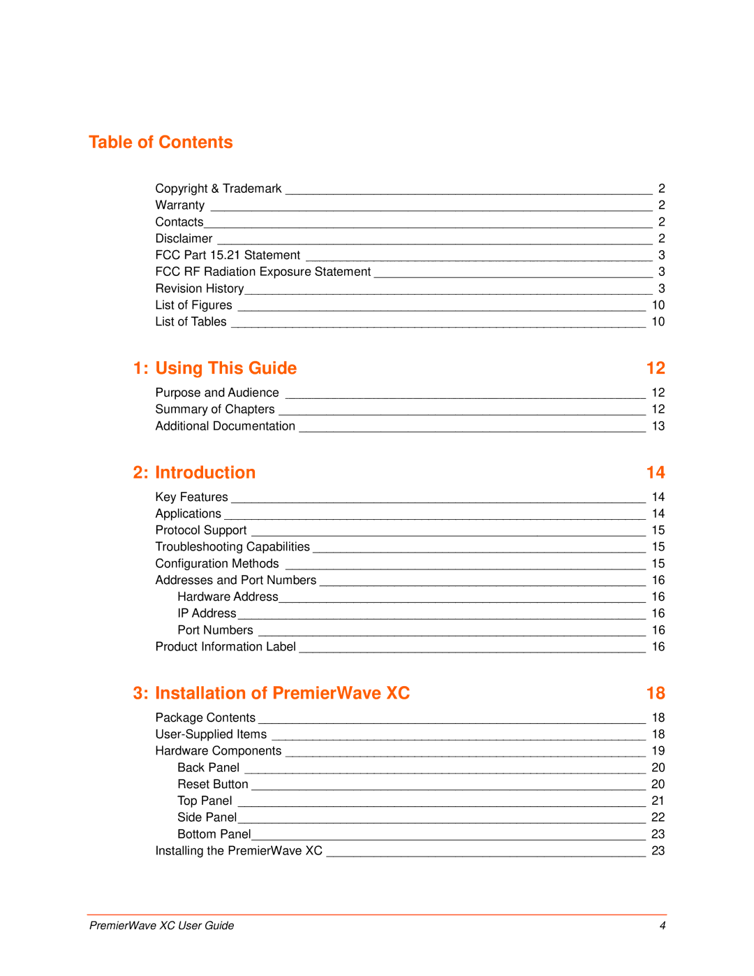 Lantronix 900-598 manual Table of Contents, Using This Guide, Introduction, Installation of PremierWave XC 