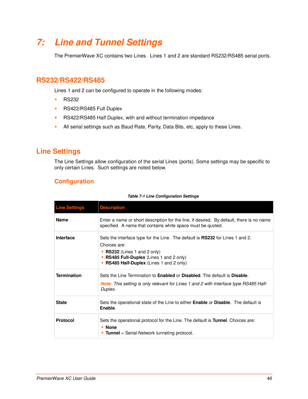 Lantronix 900-598 manual Line and Tunnel Settings, RS232/RS422/RS485, Configuration, Line Settings Description 