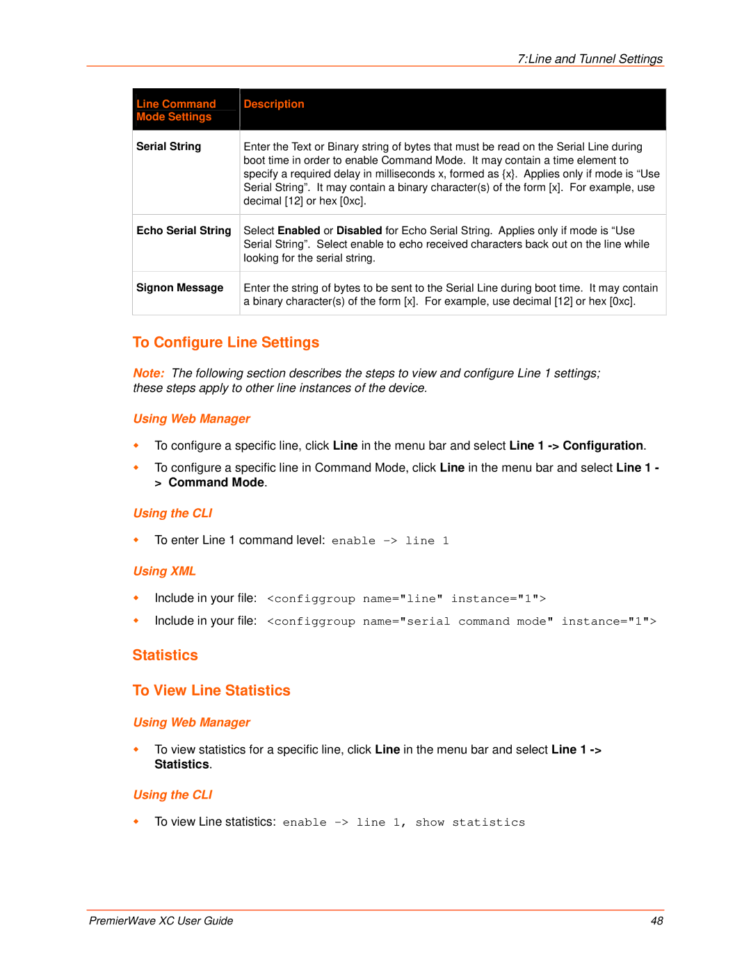 Lantronix 900-598 To Configure Line Settings, Statistics To View Line Statistics, Echo Serial String, Signon Message 