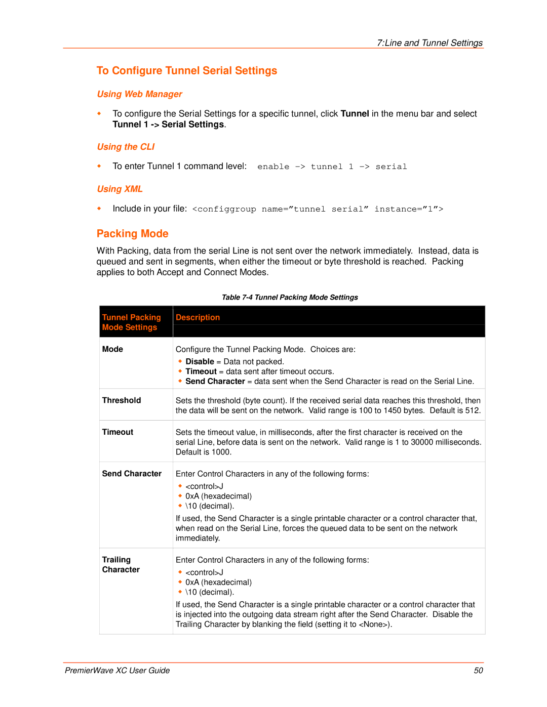 Lantronix 900-598 manual To Configure Tunnel Serial Settings, Packing Mode, Tunnel Packing Description Mode Settings 