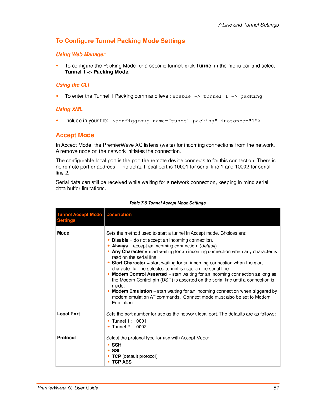 Lantronix 900-598 manual To Configure Tunnel Packing Mode Settings, Tunnel Accept Mode Description Settings, Local Port 