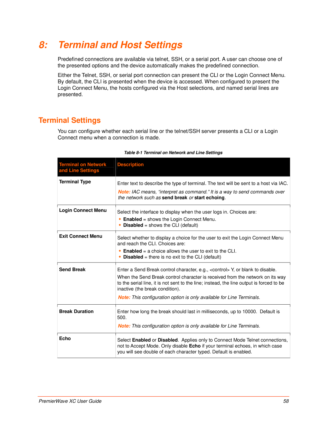 Lantronix 900-598 manual Terminal and Host Settings, Terminal Settings, Terminal on Network Description Line Settings 