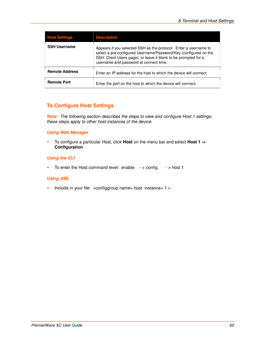 Lantronix 900-598 manual To Configure Host Settings, Host Settings Description, SSH Username, Remote Address, Remote Port 