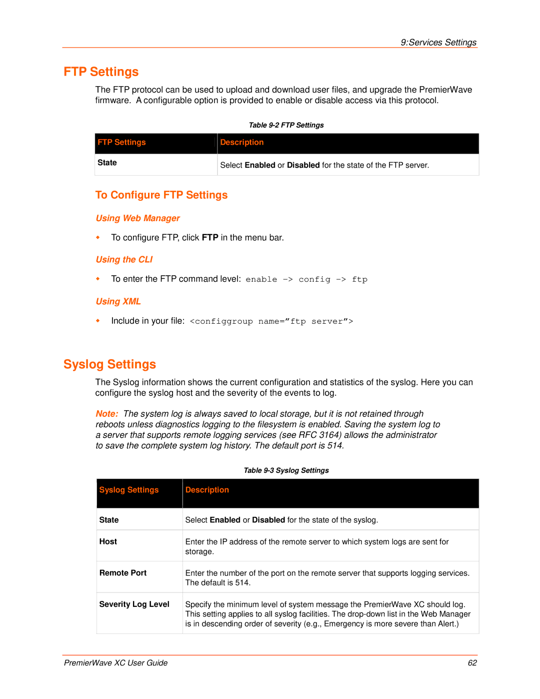 Lantronix 900-598 manual To Configure FTP Settings, Syslog Settings Description, Severity Log Level 