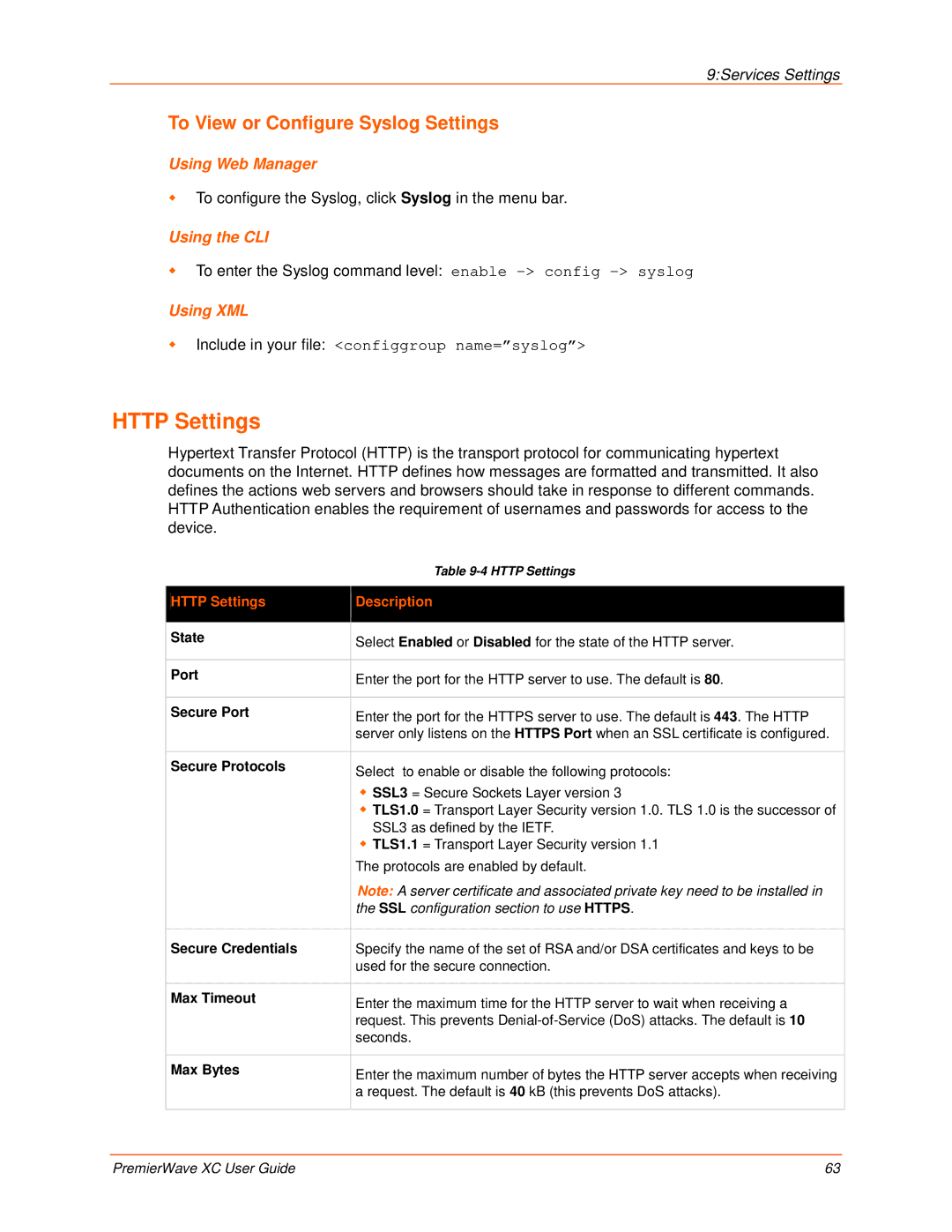 Lantronix 900-598 manual To View or Configure Syslog Settings, Http Settings Description 