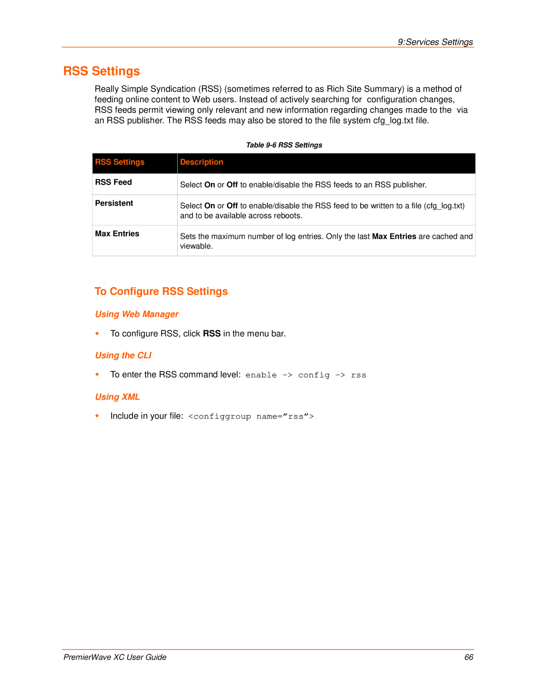 Lantronix 900-598 manual To Configure RSS Settings, RSS Settings Description 