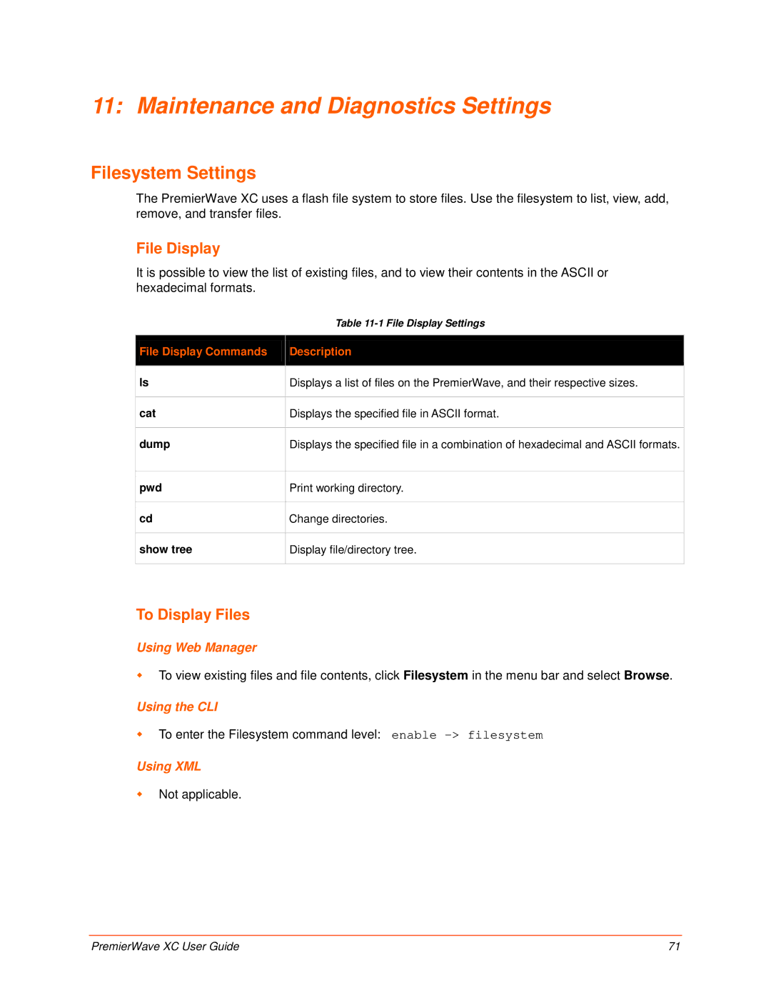 Lantronix 900-598 manual Maintenance and Diagnostics Settings, Filesystem Settings, File Display, To Display Files 