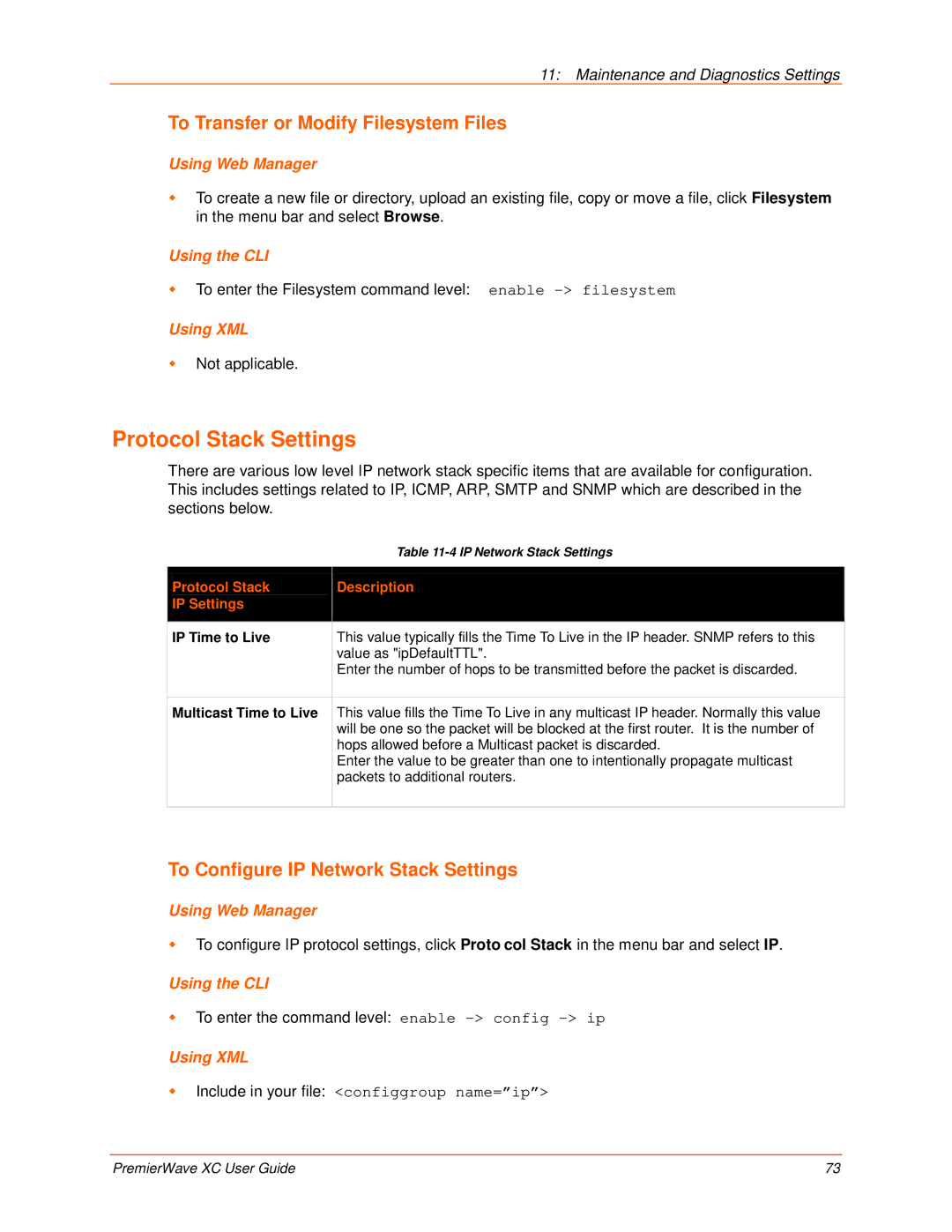 Lantronix 900-598 Protocol Stack Settings, To Transfer or Modify Filesystem Files, To Configure IP Network Stack Settings 