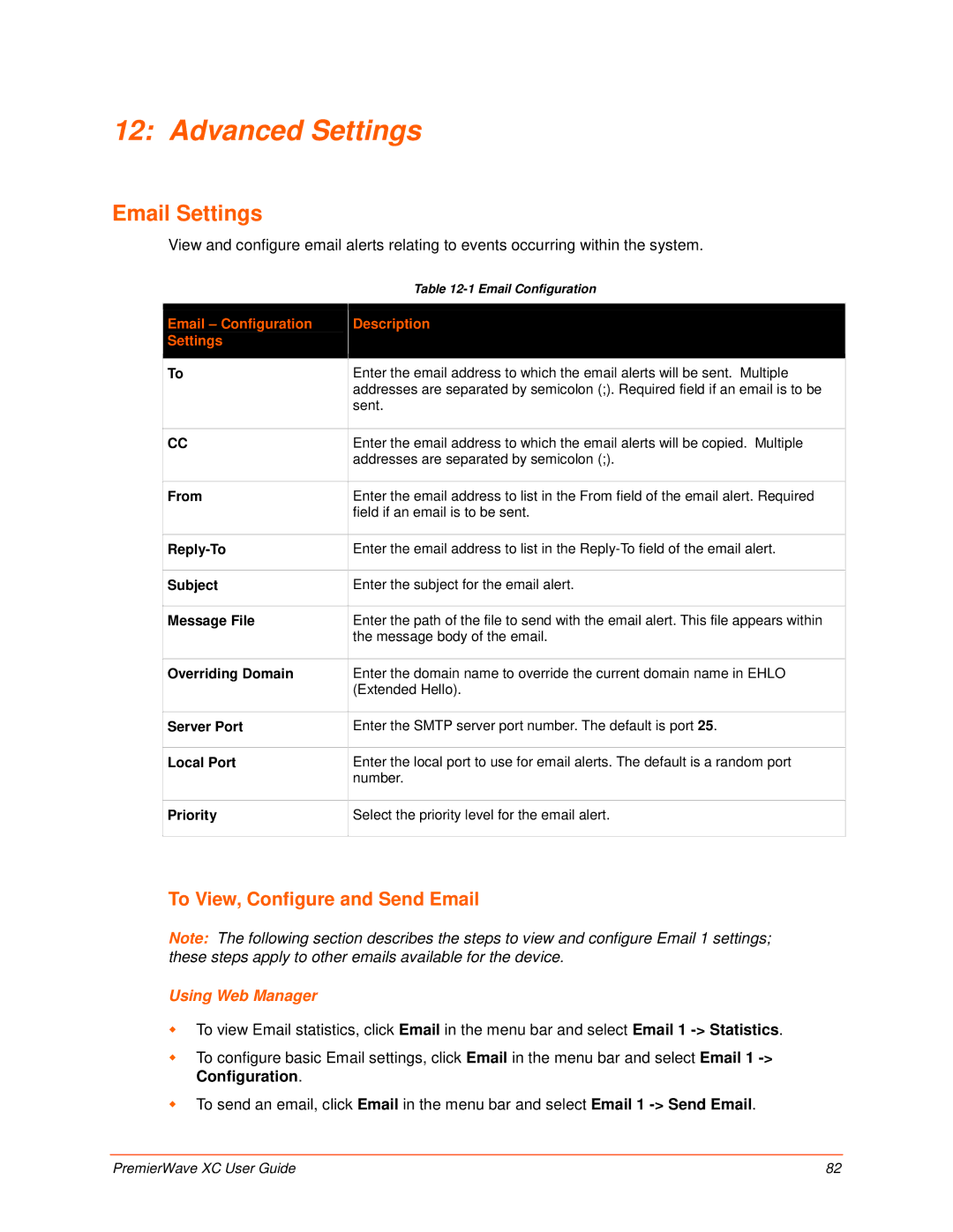 Lantronix 900-598 manual Advanced Settings, Email Settings, To View, Configure and Send Email 