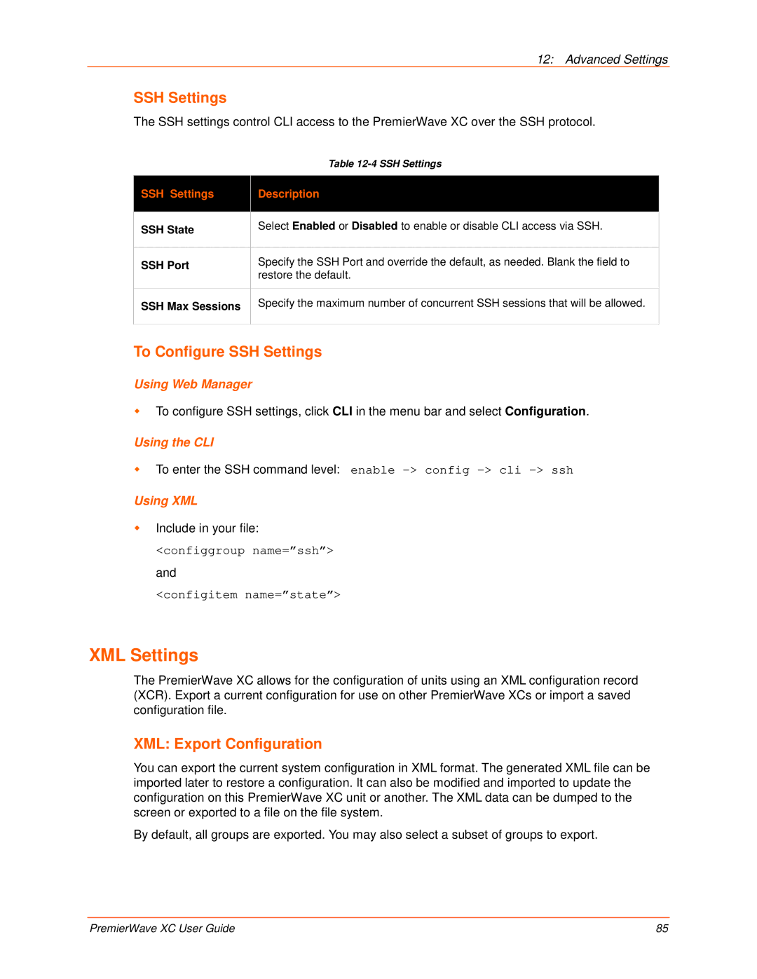 Lantronix 900-598 manual XML Settings, To Configure SSH Settings, XML Export Configuration, SSH Settings Description 