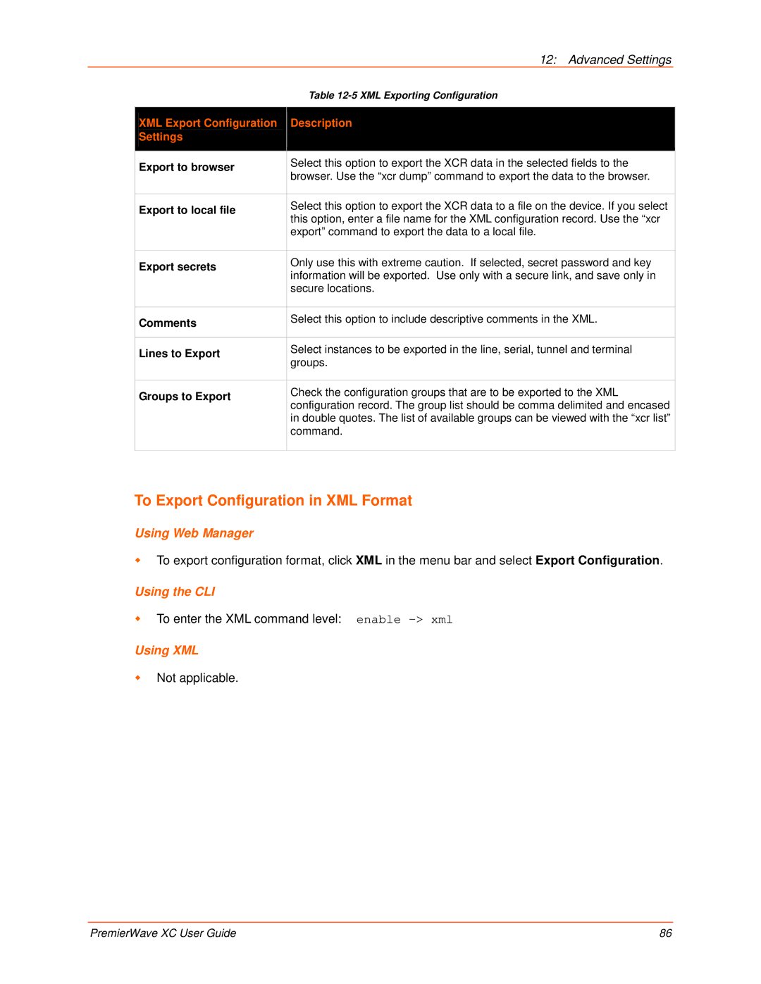 Lantronix 900-598 manual To Export Configuration in XML Format, XML Export Configuration Description Settings 