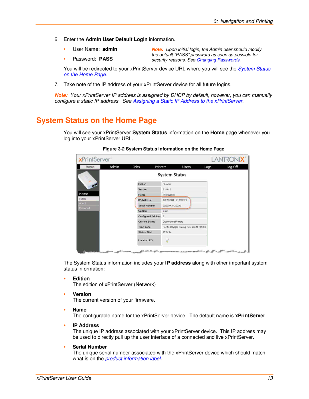 Lantronix 900-603 manual System Status on the Home 