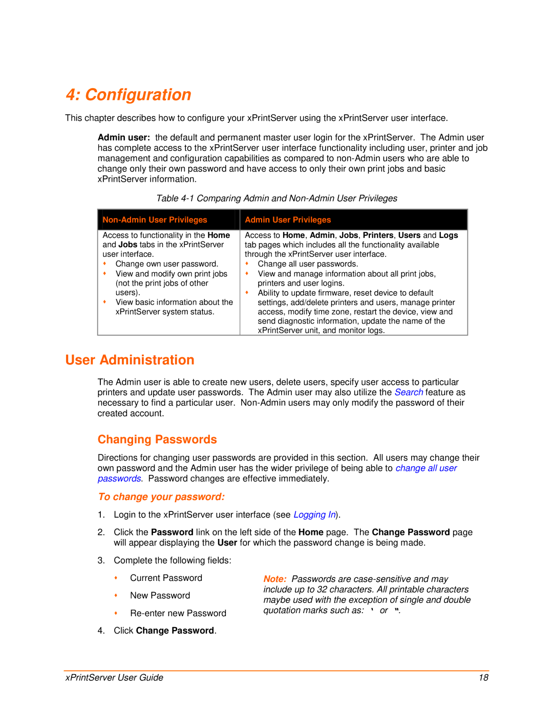 Lantronix 900-603 manual Configuration, User Administration, Changing Passwords, Click Change Password 