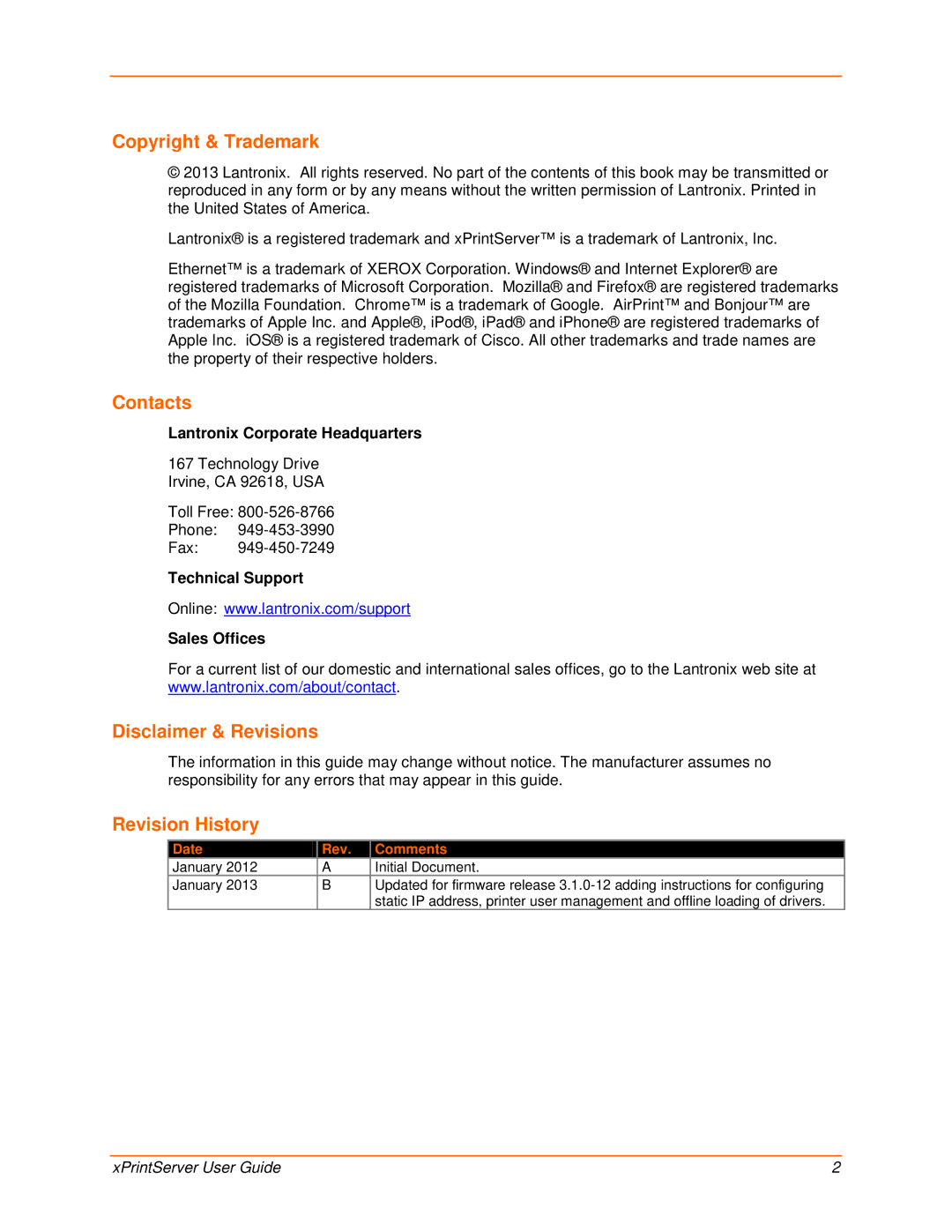 Lantronix 900-603 manual Lantronix Corporate Headquarters, Technical Support Sales Offices 