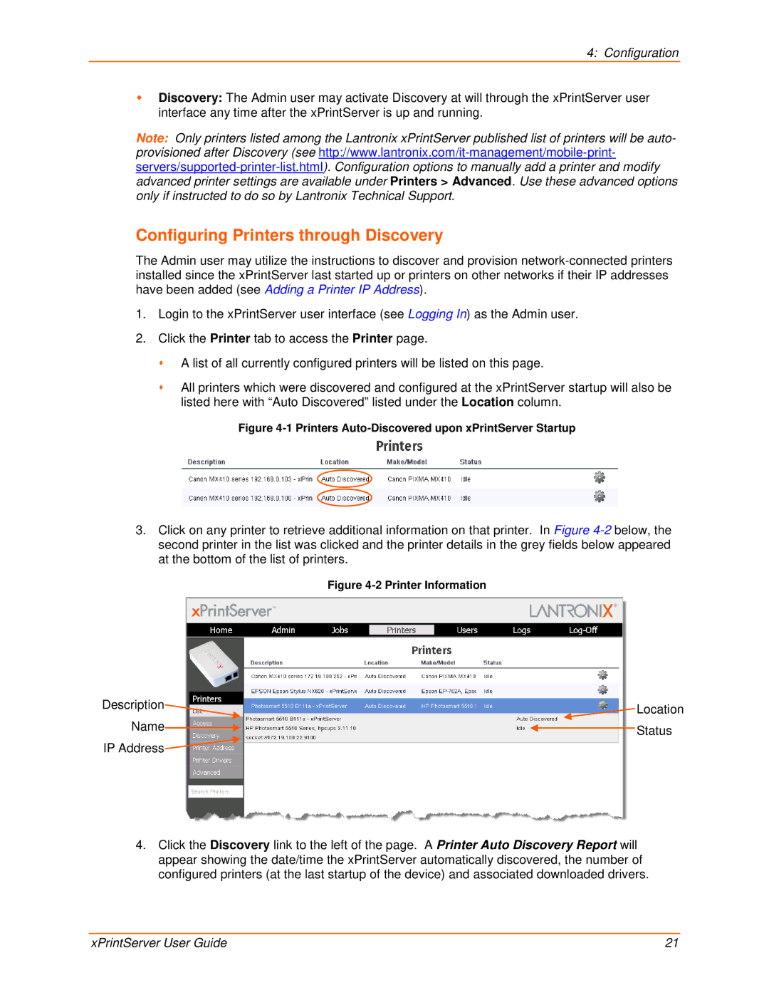 Lantronix 900-603 manual Configuring Printers through Discovery, Printers Auto-Discovered upon xPrintServer Startup 