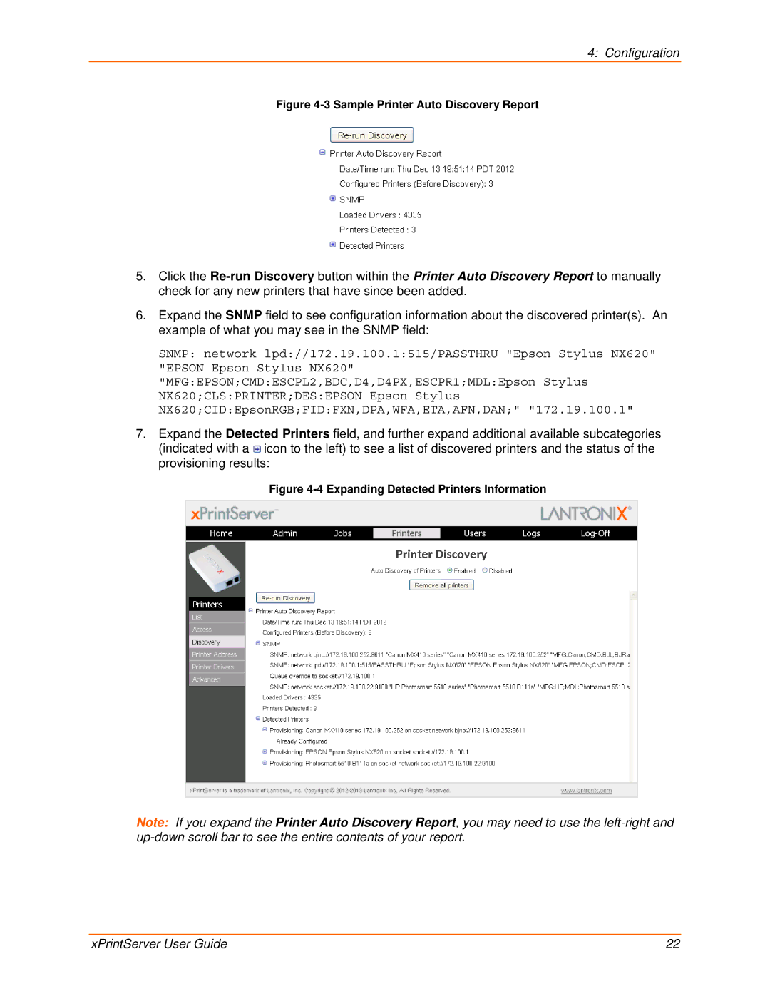 Lantronix 900-603 manual Sample Printer Auto Discovery Report 