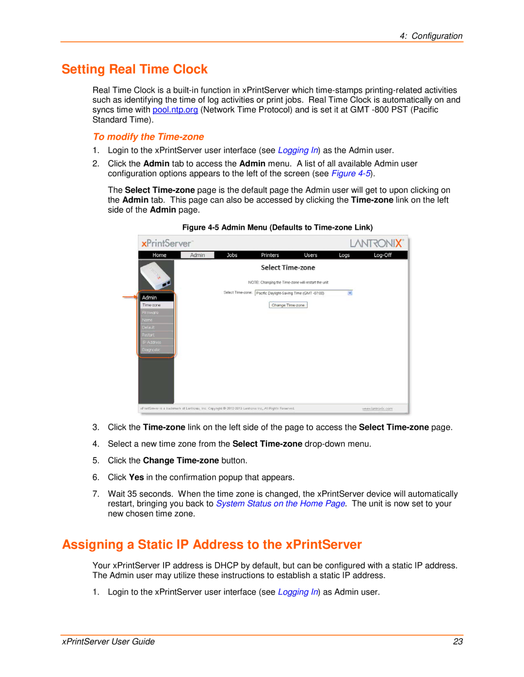 Lantronix 900-603 manual Setting Real Time Clock, Assigning a Static IP Address to the xPrintServer 