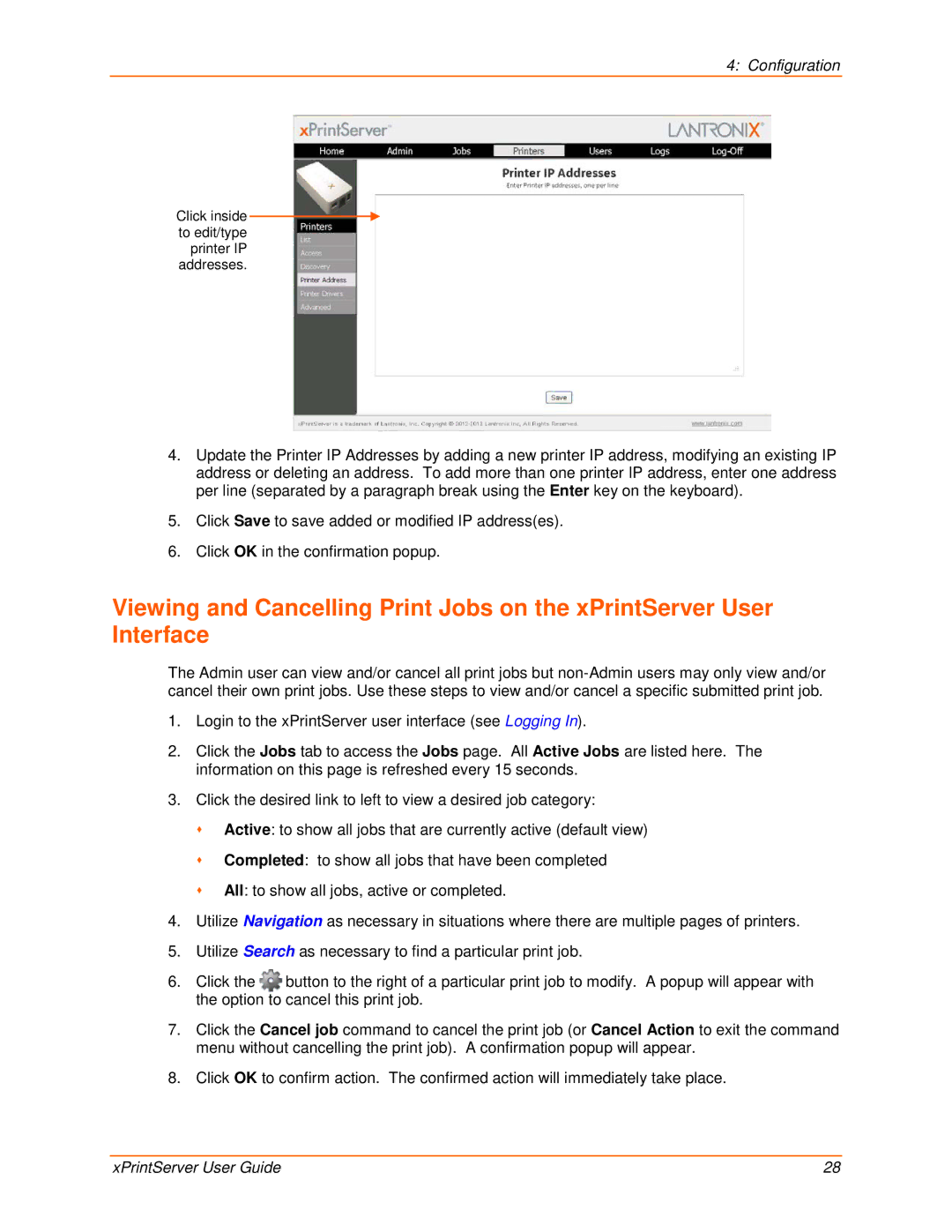 Lantronix 900-603 manual Click inside to edit/type printer IP addresses 