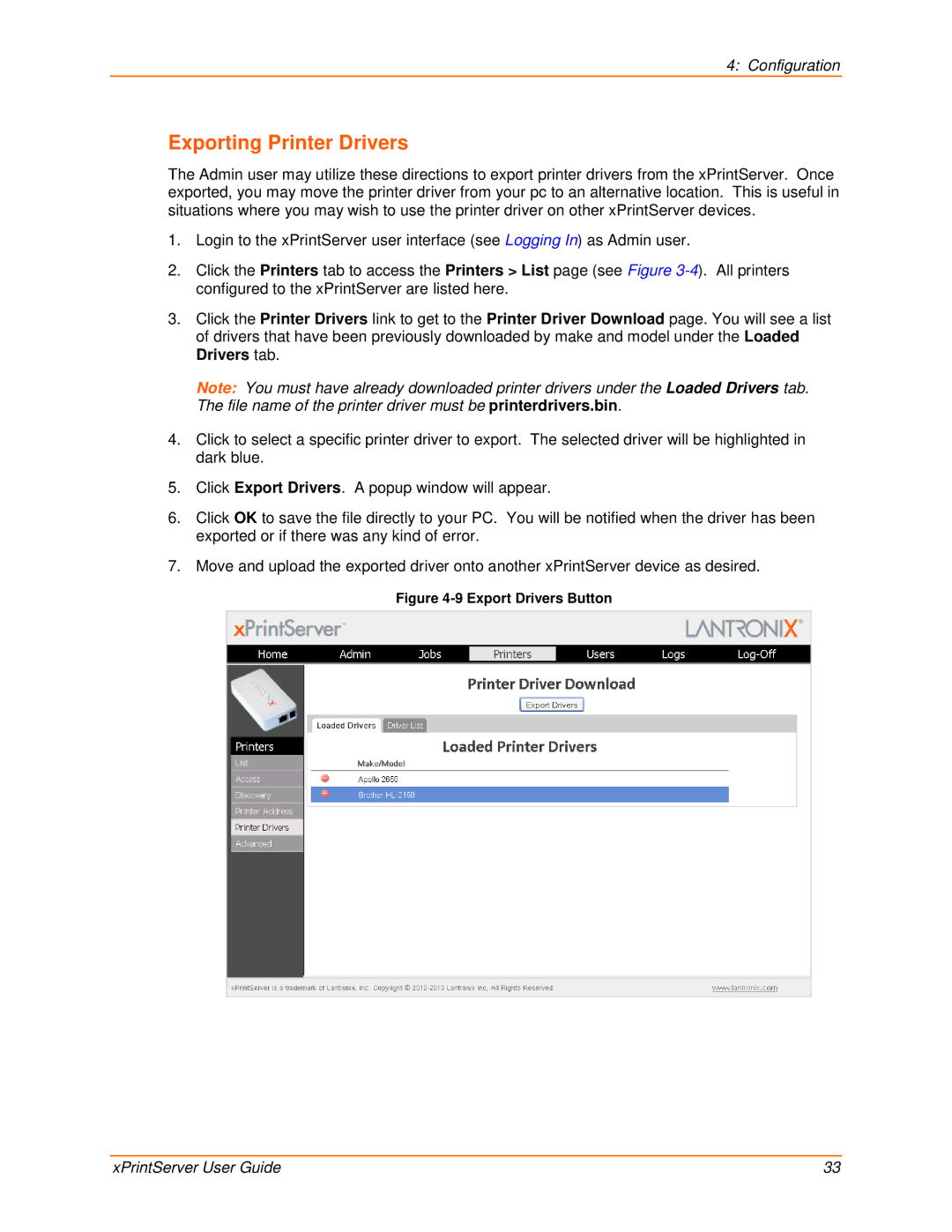 Lantronix 900-603 manual Exporting Printer Drivers, Export Drivers Button 