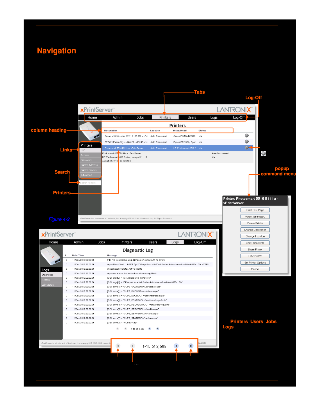 Lantronix 900-603 manual Navigation and Printing, xPrintServer User Guide, column heading Links, Search 