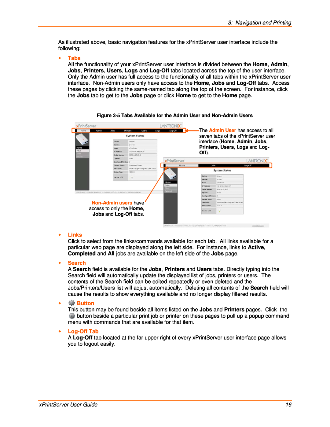 Lantronix 900-603  Tabs,  Links,  Search,  Button,  Log-Off Tab, Navigation and Printing, xPrintServer User Guide 