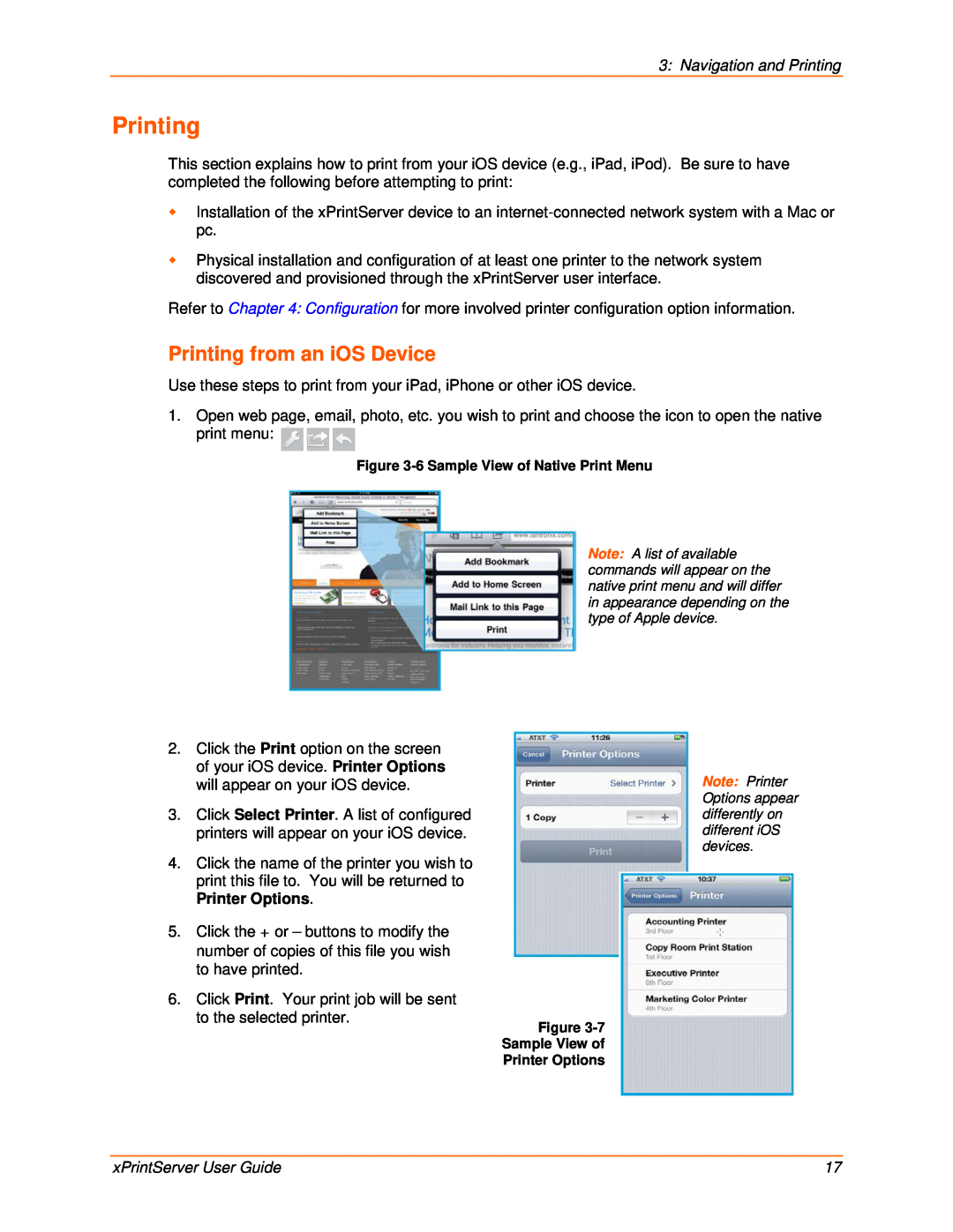 Lantronix 900-603 manual Printing from an iOS Device, Navigation and Printing, xPrintServer User Guide 