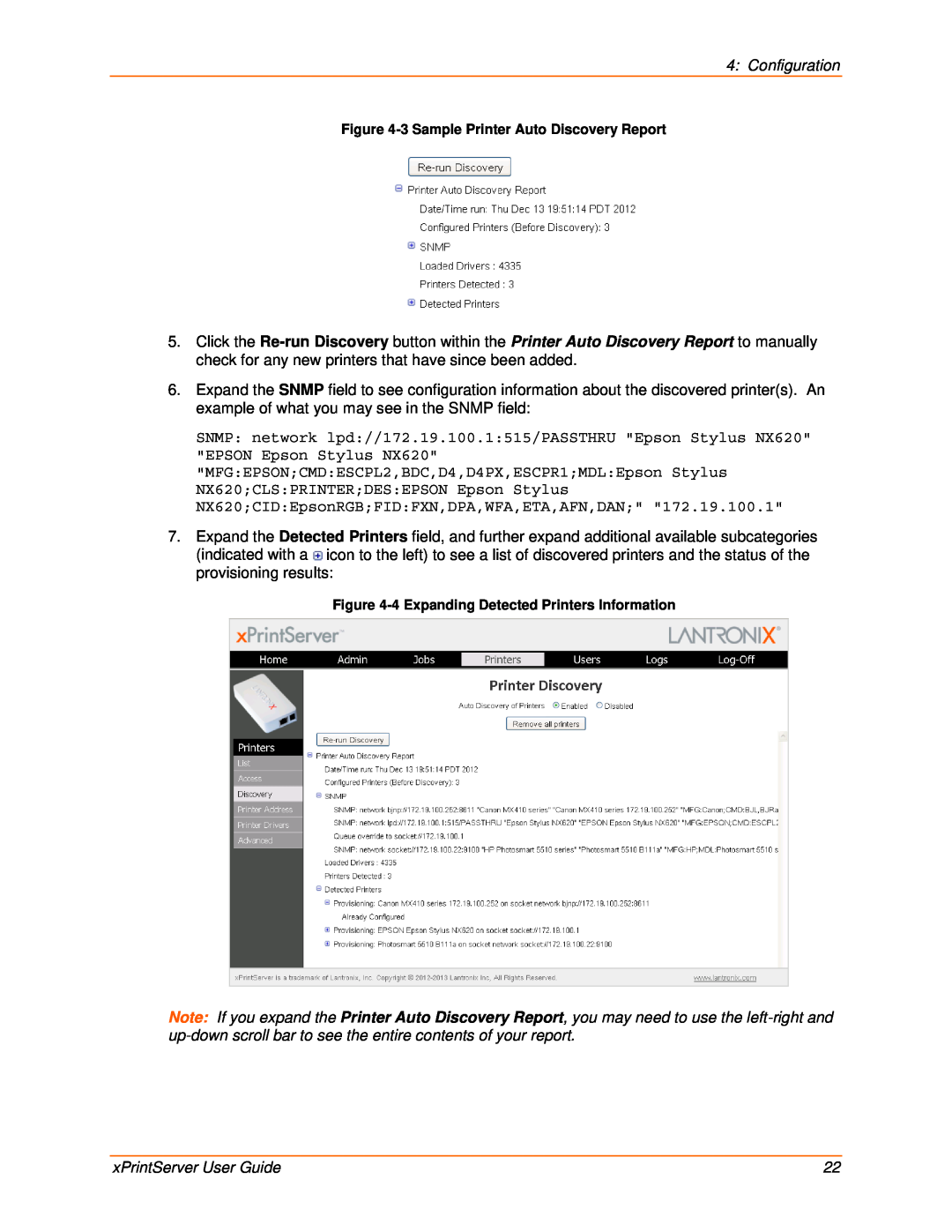Lantronix 900-603 manual Configuration, xPrintServer User Guide, 3 Sample Printer Auto Discovery Report 