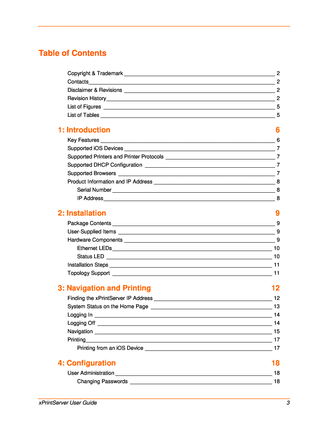 Lantronix 900-603 manual Table of Contents, Introduction, Installation, Navigation and Printing, Configuration 