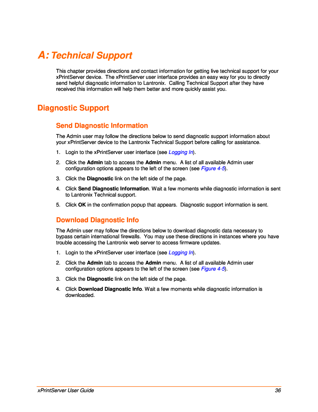 Lantronix 900-603 manual A Technical Support, Diagnostic Support, Send Diagnostic Information, Download Diagnostic Info 