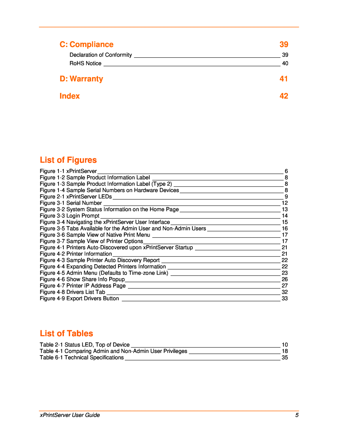 Lantronix 900-603 manual List of Figures, List of Tables, C Compliance, D Warranty, Index, xPrintServer User Guide 