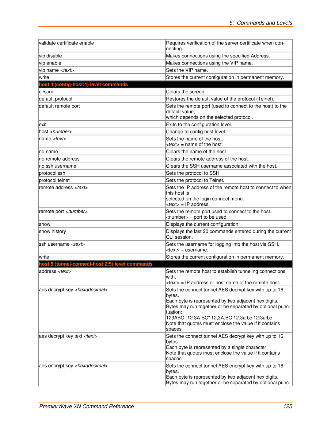 Lantronix 900-607 manual Host 4 config-host4 level commands, Host 5 tunnel-connect-host25 level commands 