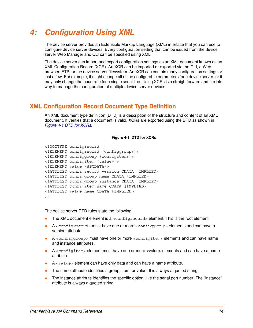 Lantronix 900-607 manual Configuration Using XML, XML Configuration Record Document Type Definition 