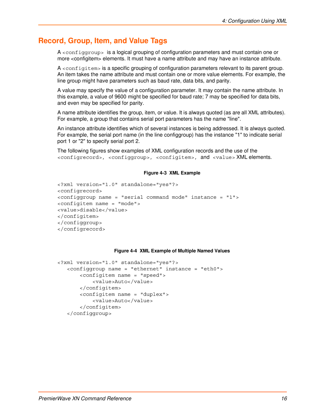 Lantronix 900-607 manual Record, Group, Item, and Value Tags, XML Example of Multiple Named Values 