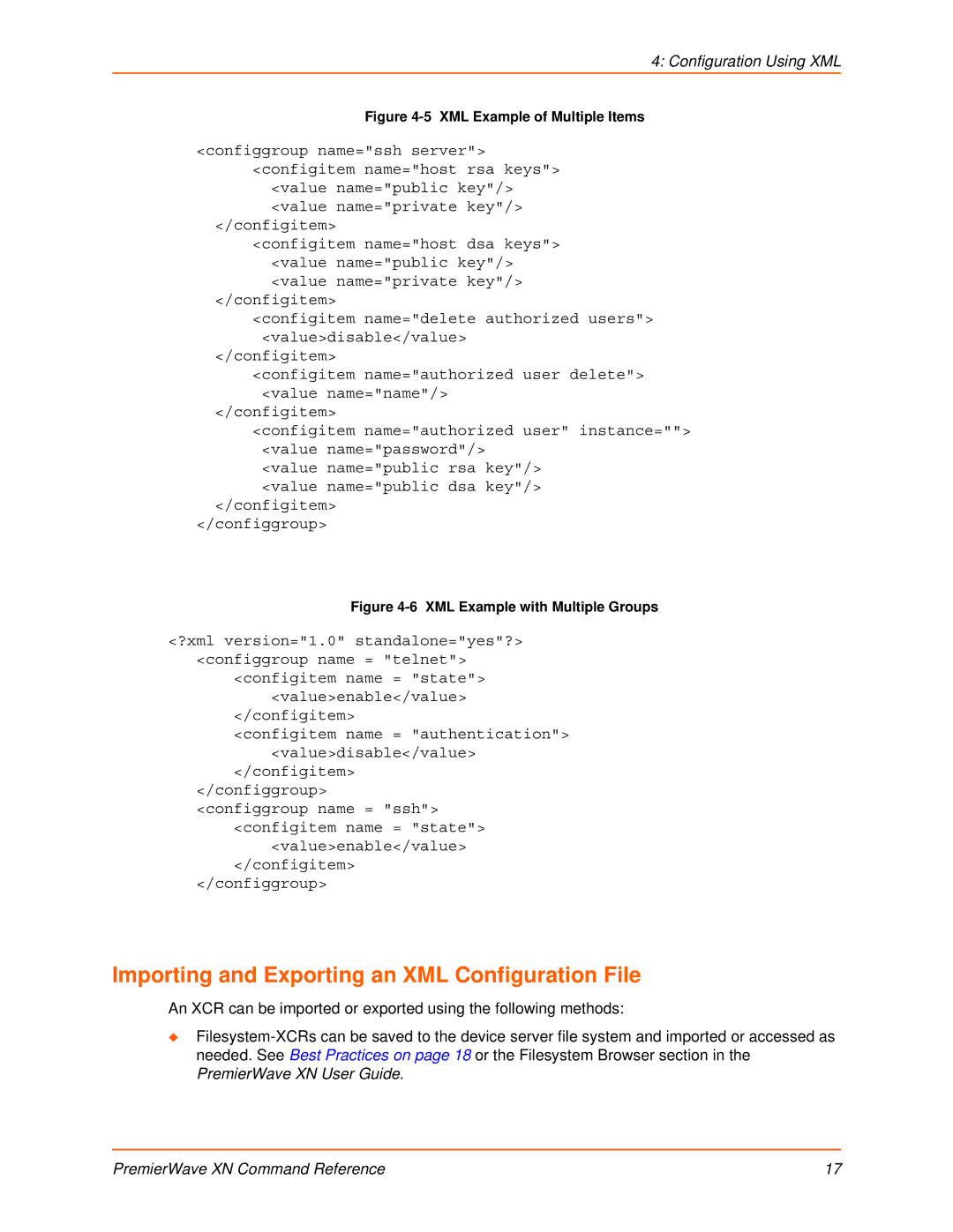 Lantronix 900-607 manual Importing and Exporting an XML Configuration File, XML Example of Multiple Items 