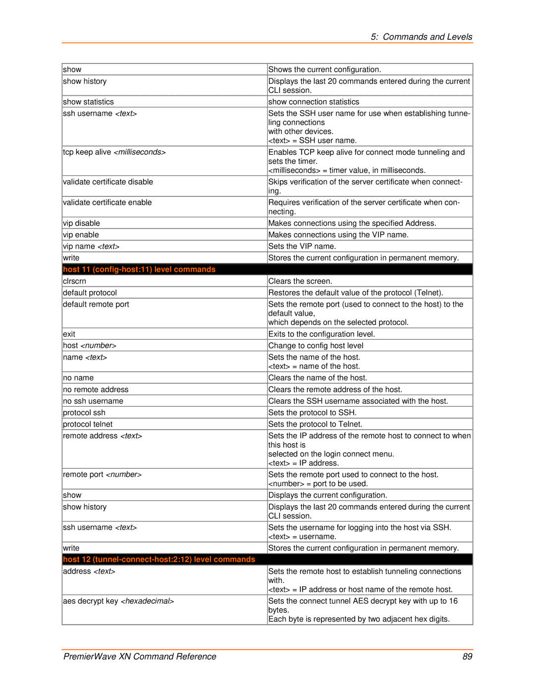 Lantronix 900-607 manual Host 11 config-host11 level commands, Host 12 tunnel-connect-host212 level commands 