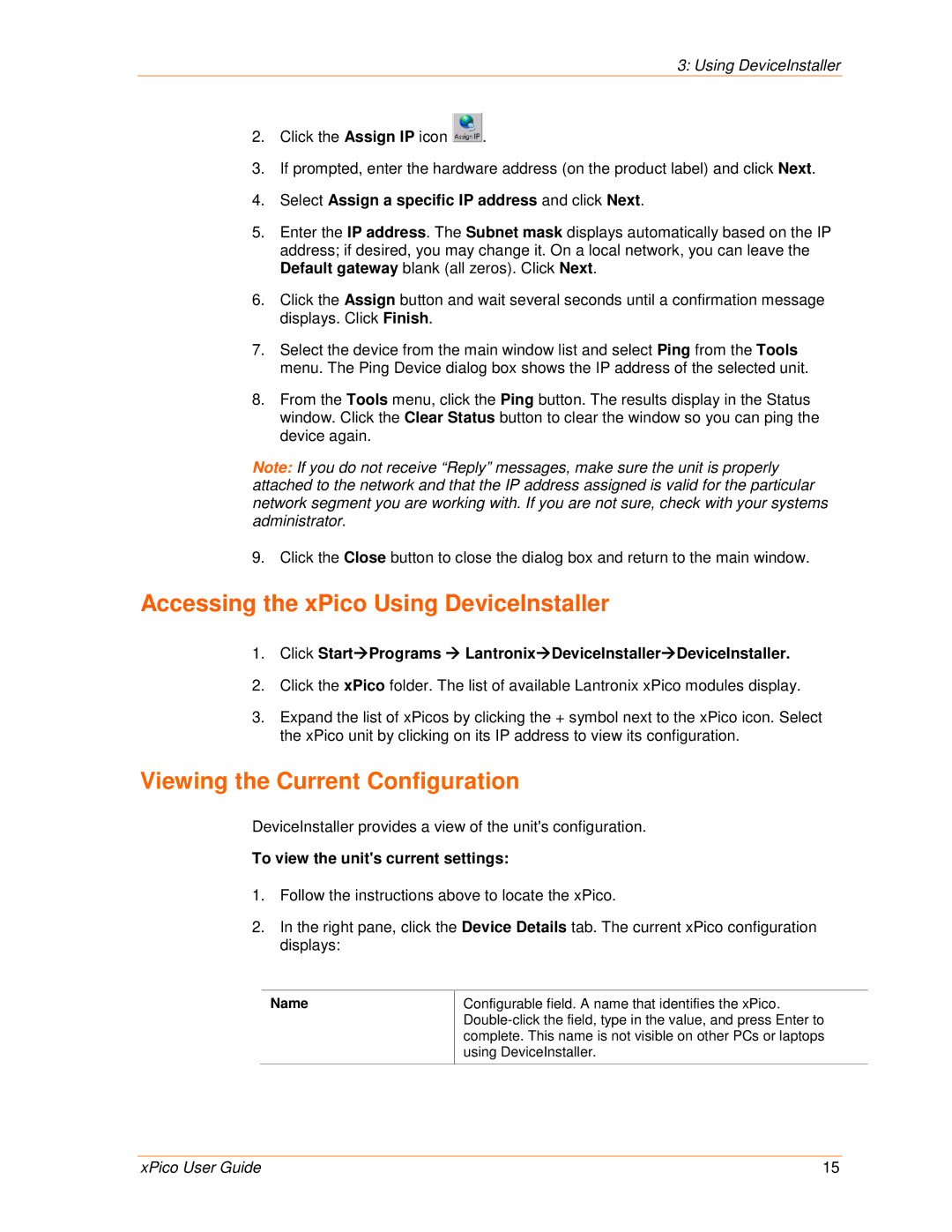Lantronix 900-618 Accessing the xPico Using DeviceInstaller, Select Assign a specific IP address and click Next, Name 