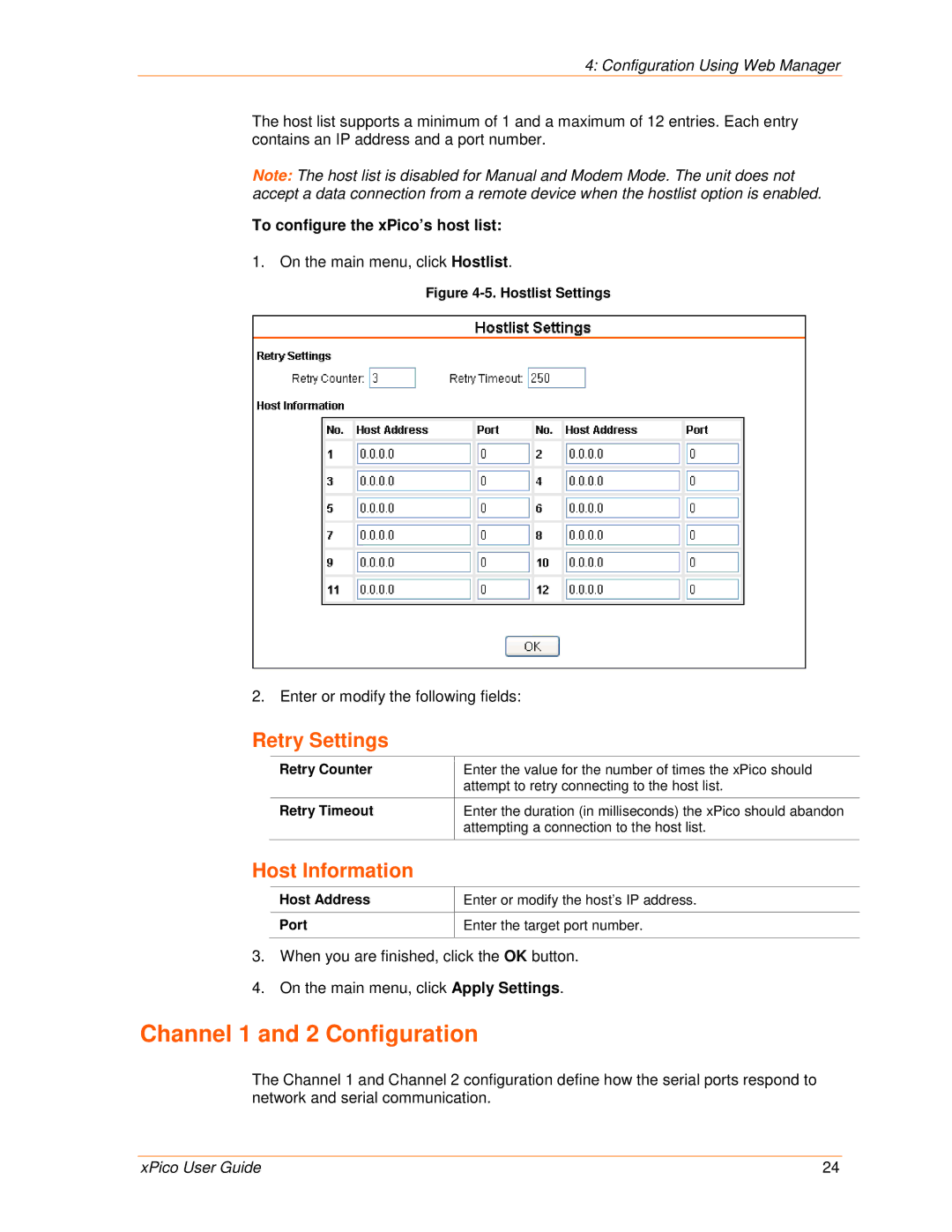 Lantronix 900-618 Channel 1 and 2 Configuration, Retry Settings, Host Information, To configure the xPico’s host list 