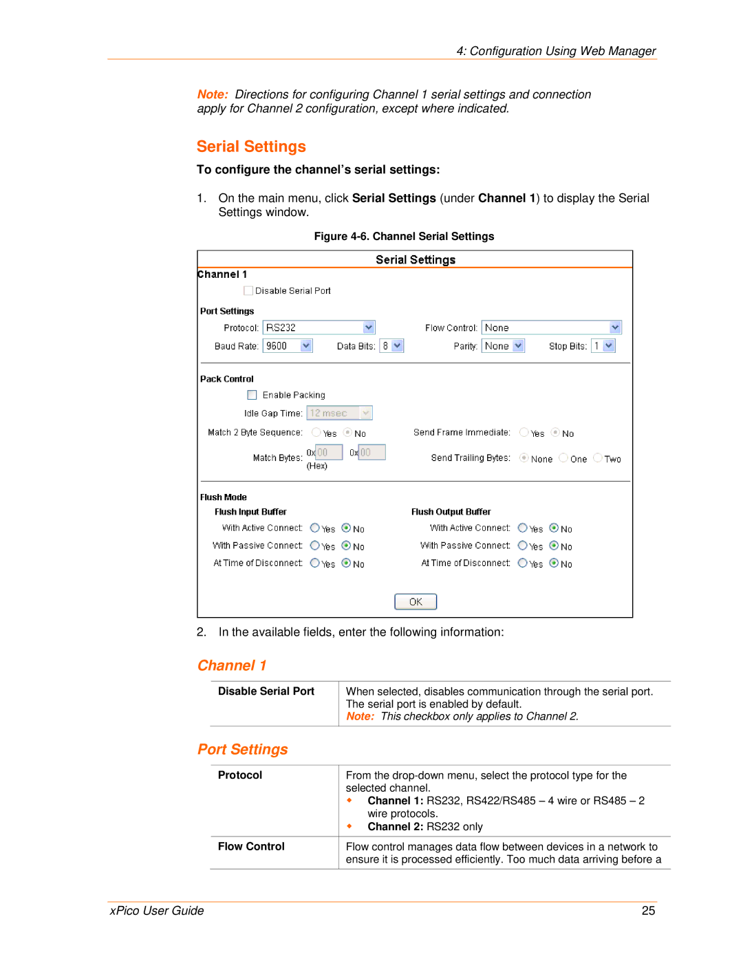 Lantronix 900-618 manual Serial Settings, Channel, Port Settings, To configure the channel’s serial settings 