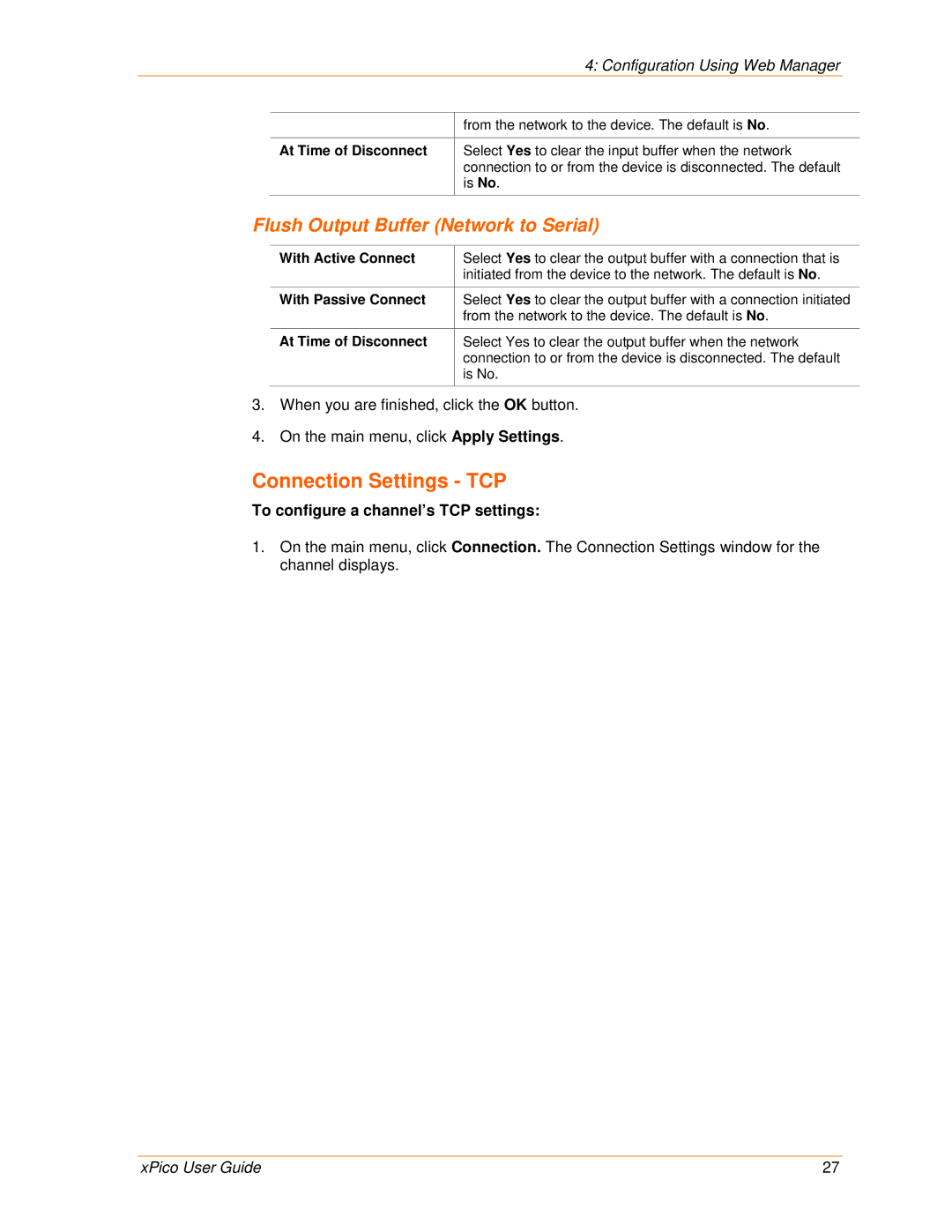 Lantronix 900-618 Connection Settings TCP, Flush Output Buffer Network to Serial, To configure a channel’s TCP settings 