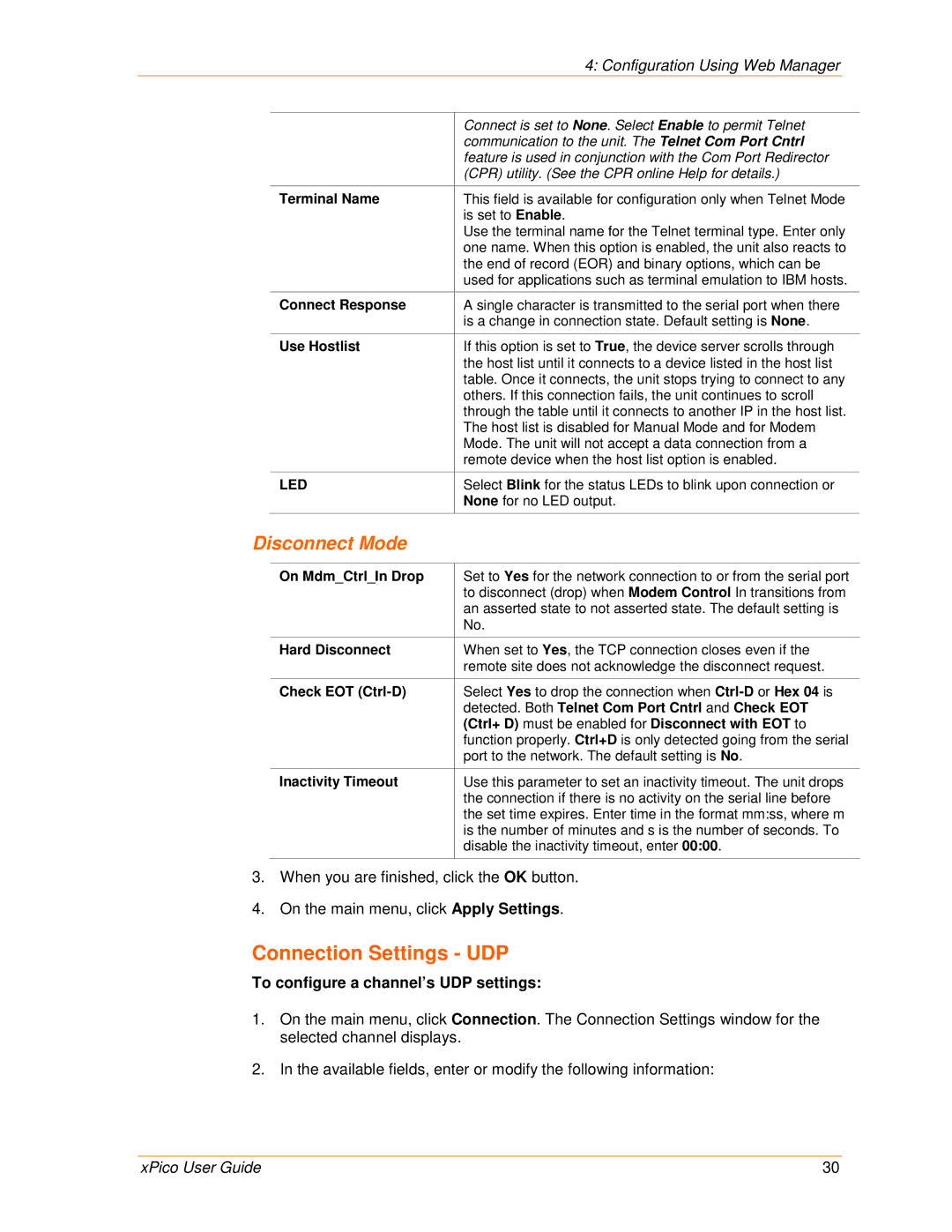 Lantronix 900-618 manual Connection Settings UDP, Disconnect Mode, To configure a channel’s UDP settings 